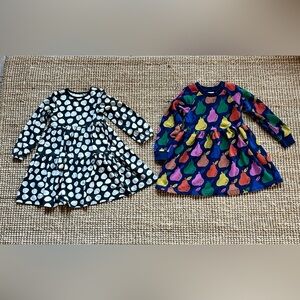 Two size 5 Hanna Andersson Long Sleeve Dresses, black and white polka dot & pear